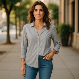 Eterna Fitted Womens Gray Heathered Grey Button Down Shirt Top V-Neck Size 16 US